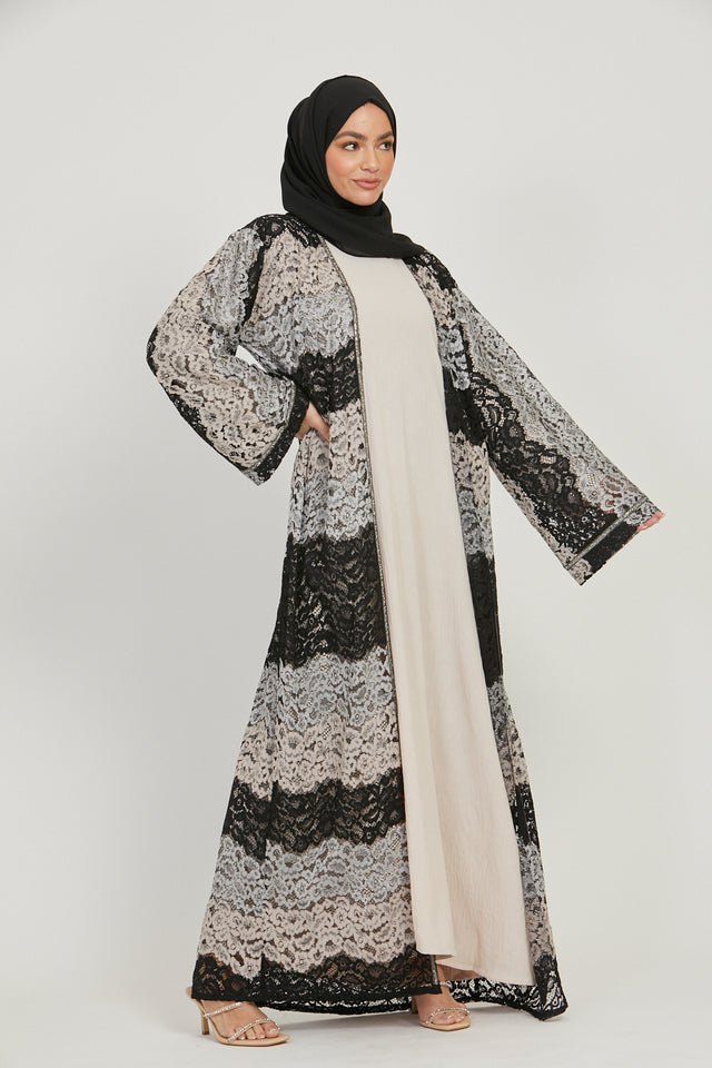Four Piece Black and Nude Lace Open Abaya Set