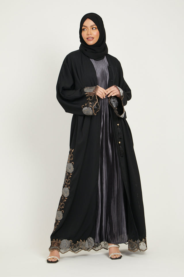 Black Open Abaya with Bronze Floral Organza Lace
