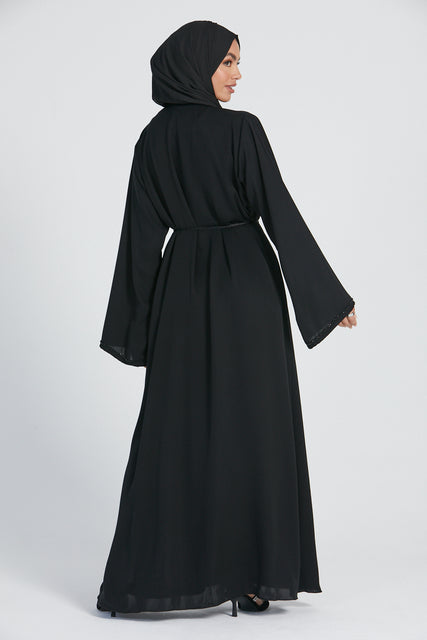 Black Open Abaya with Pleated Dainty Embellishments