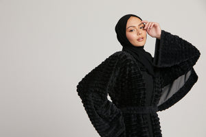 Four Piece Faux Fur Abaya Coat Set- Black