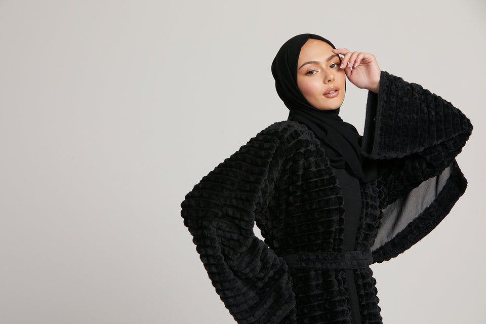 Four Piece Faux Fur Abaya Coat Set- Black
