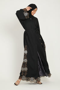 Black Open Abaya with Bronze Floral Organza Lace