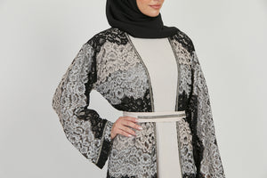 Four Piece Black and Nude Lace Open Abaya Set