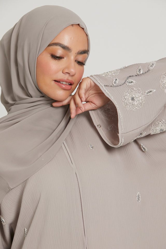 Premium Textured Embellished Open Abaya - French Oak