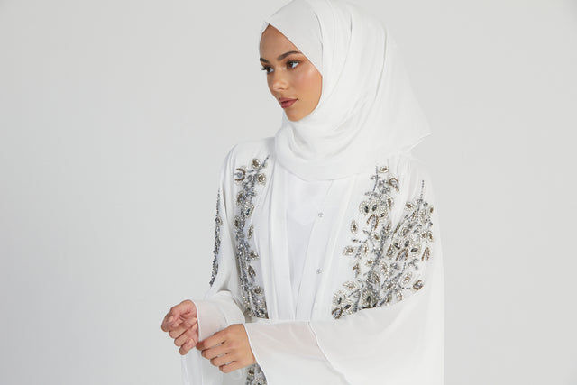 Luxury Bridal White Embellished Layered Open Abaya