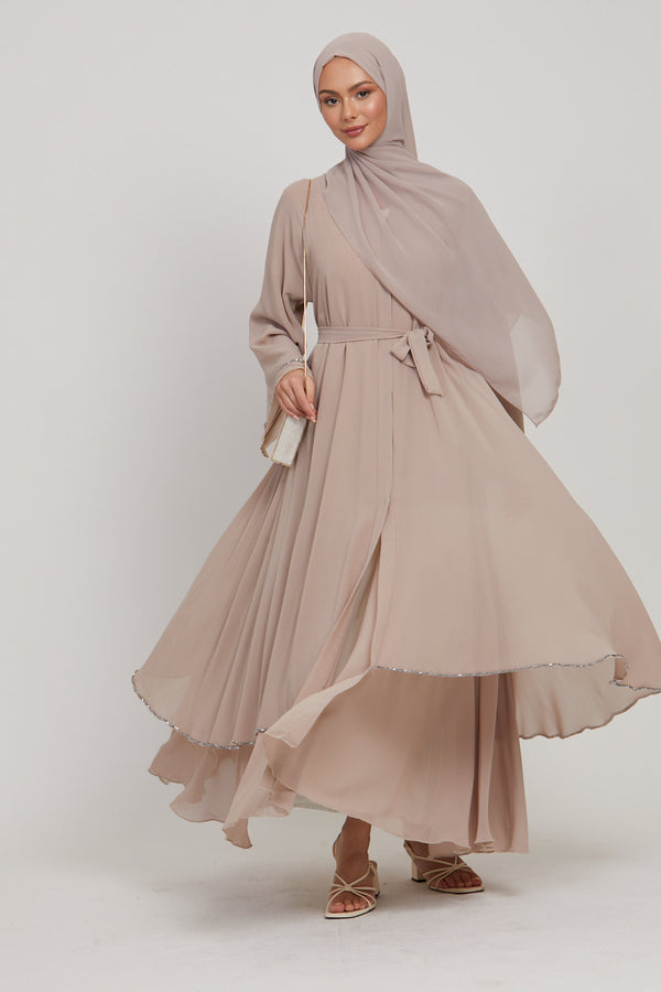 French Almond Embellished Layered Open Abaya