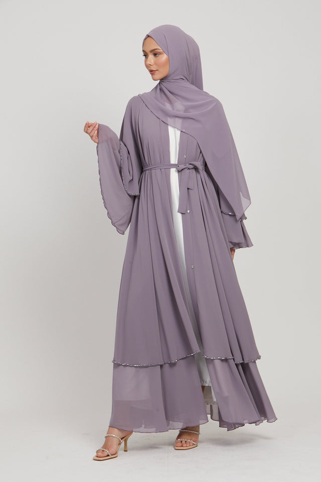 Dusty Lilac Embellished Layered Open Abaya