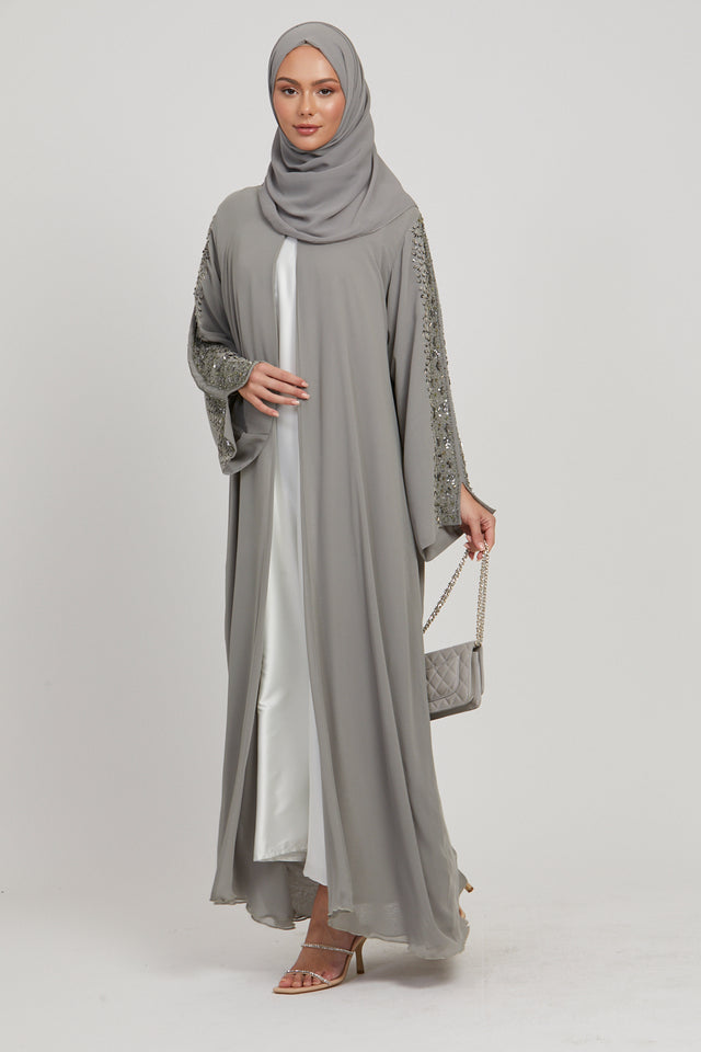 Luxury Aurora Chiffon Embellished Open Abaya - Olive Grey