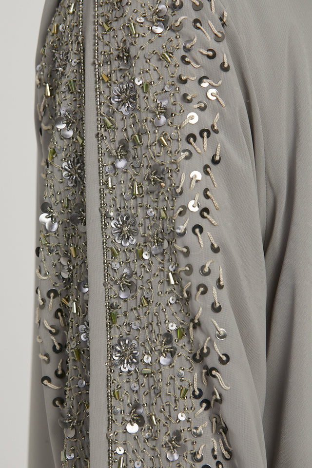 Luxury Aurora Chiffon Embellished Open Abaya - Olive Grey