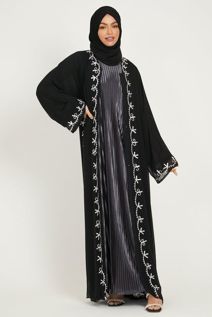 White Embroidered Black Chiffon Open Abaya