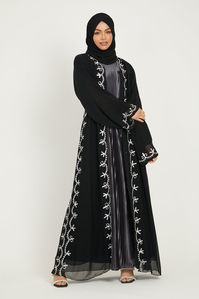 White Embroidered Black Chiffon Open Abaya