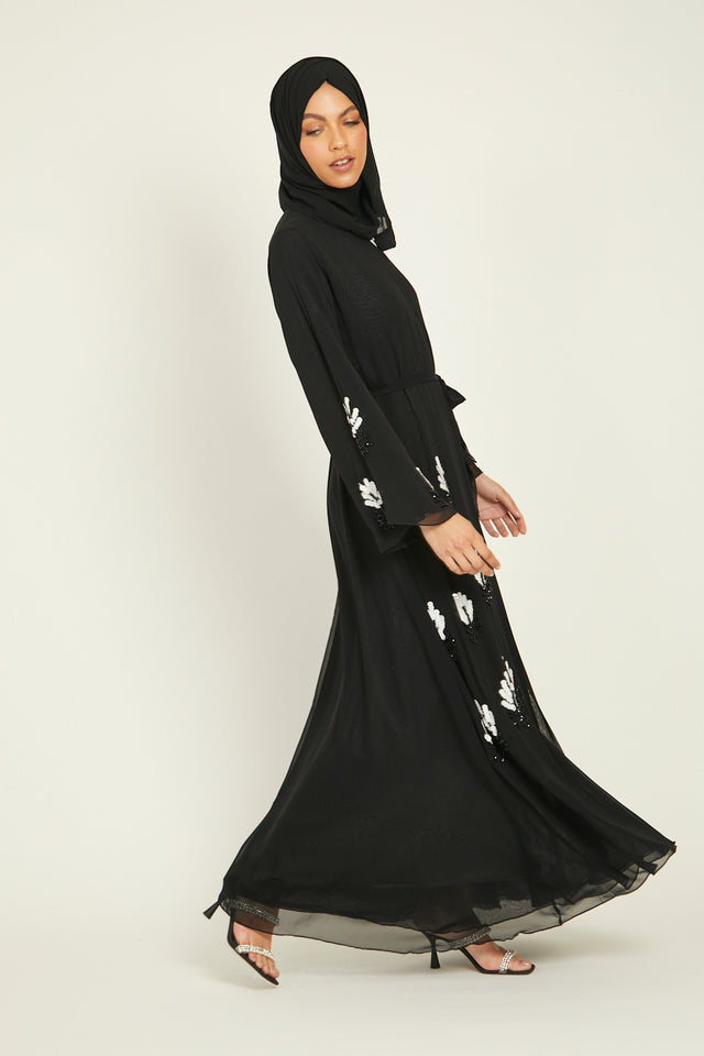 Premium Royal Black Floral Embellished Open Abaya