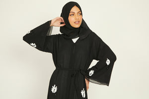 Premium Royal Black Floral Embellished Open Abaya