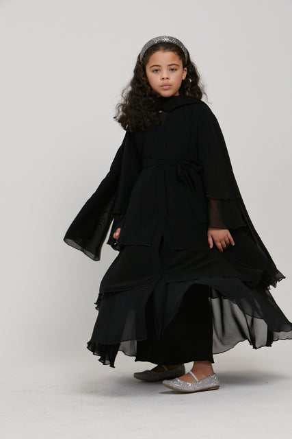 Junior Girls Chiffon Layered Open Abaya - Black