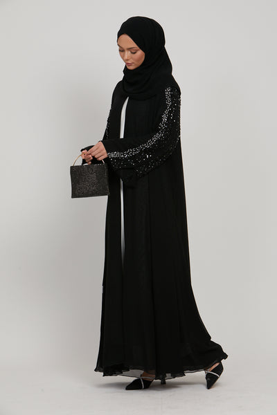 Luxury Aurora Chiffon Embellished Open Abaya - Black – AbayaButh