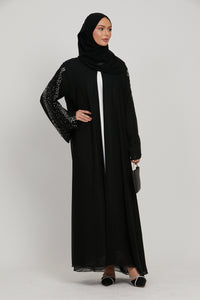 Luxury Aurora Chiffon Embellished Open Abaya - Black