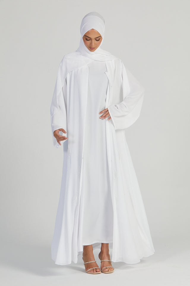 Premium Bridal White Motif Embellished Open Abaya