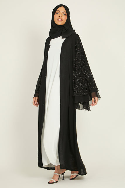 Chiffon Open Abaya with Embellished Batwing Sleeves