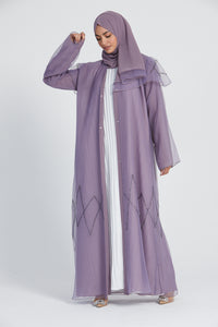 Organza Open Abaya with Frilled Embellished Shoulder - Lilac