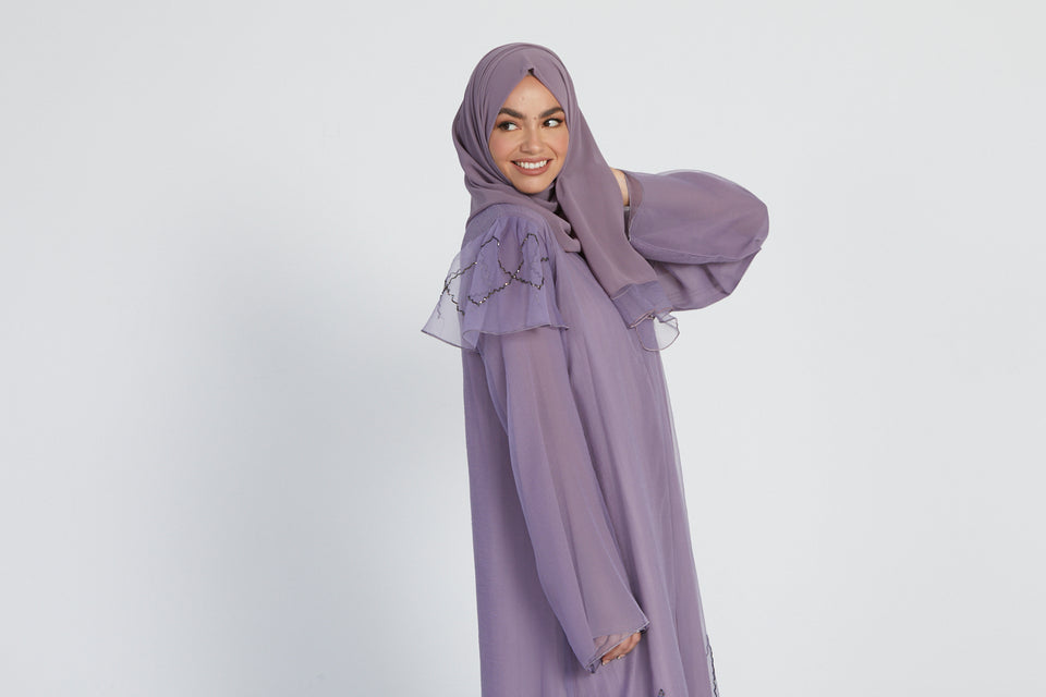 Organza Open Abaya with Frilled Embellished Shoulder - Lilac