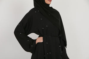 Black Pleated Open Abaya with Elegant Embellishments