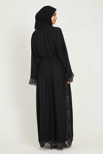 Open Abaya with Black and Silver Organza Lace on Side and Cuffs