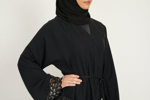 Open Abaya with Black and Silver Organza Lace on Side and Cuffs