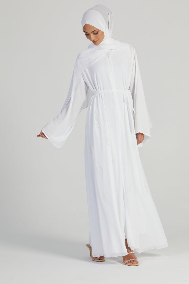Premium Bridal White Motif Embellished Open Abaya