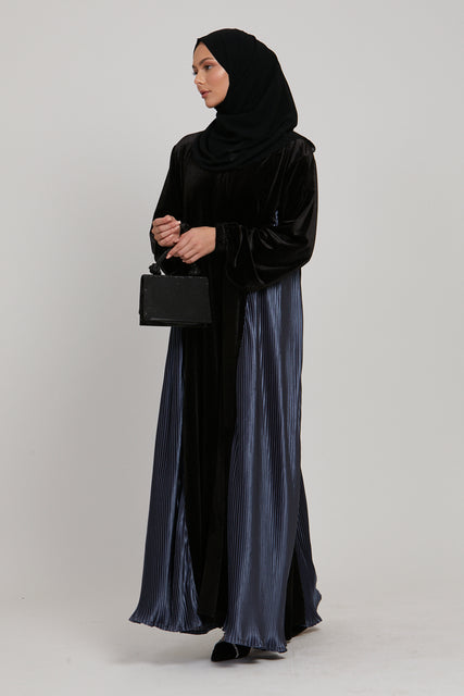 Black Velvet Open Abaya with Satin Pleats - Ash