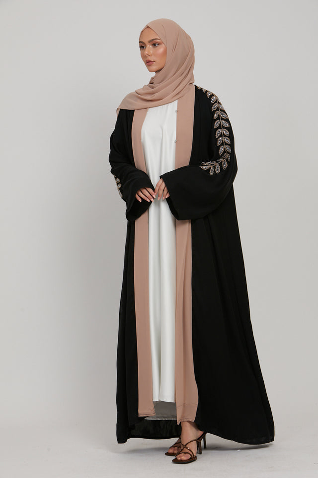 Black and Nude Chiffon Open Abaya with Embellished Sleeves