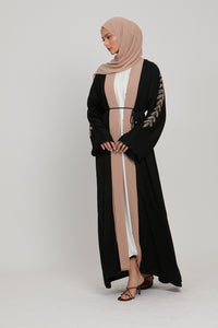 Black and Nude Chiffon Open Abaya with Embellished Sleeves