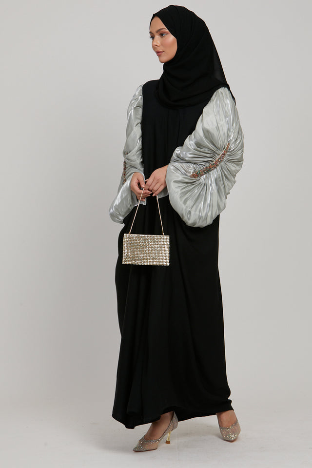 Luxury Embellished Twilight Black Cape with Pleated Organza - Frosted Mint