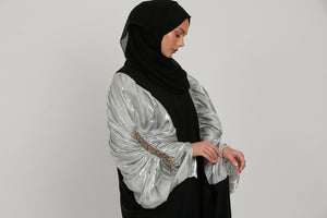 Luxury Embellished Twilight Black Cape with Pleated Organza - Frosted Mint