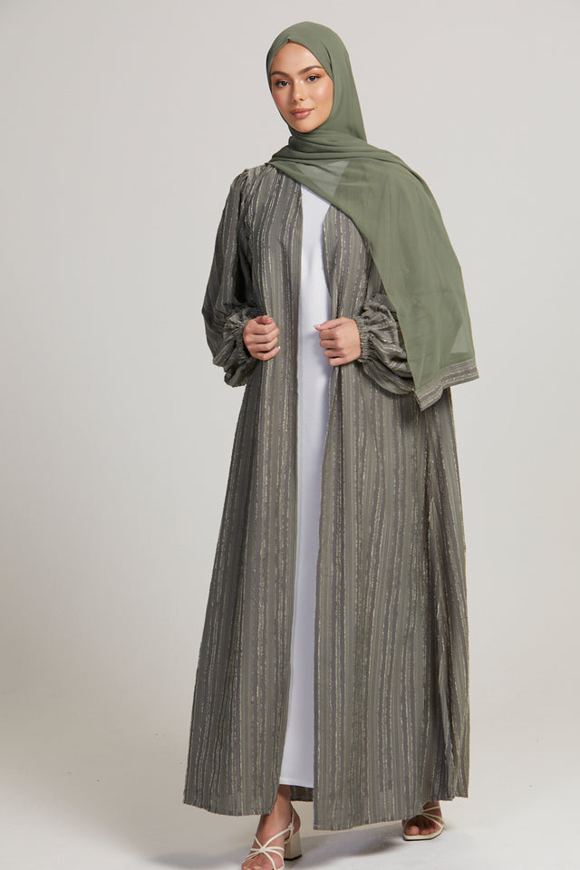 Olive Grey Textured Frayed Open Abaya