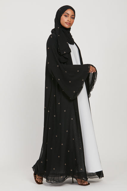 Chiffon Open Abaya with Dainty Motif Embroidery - Black