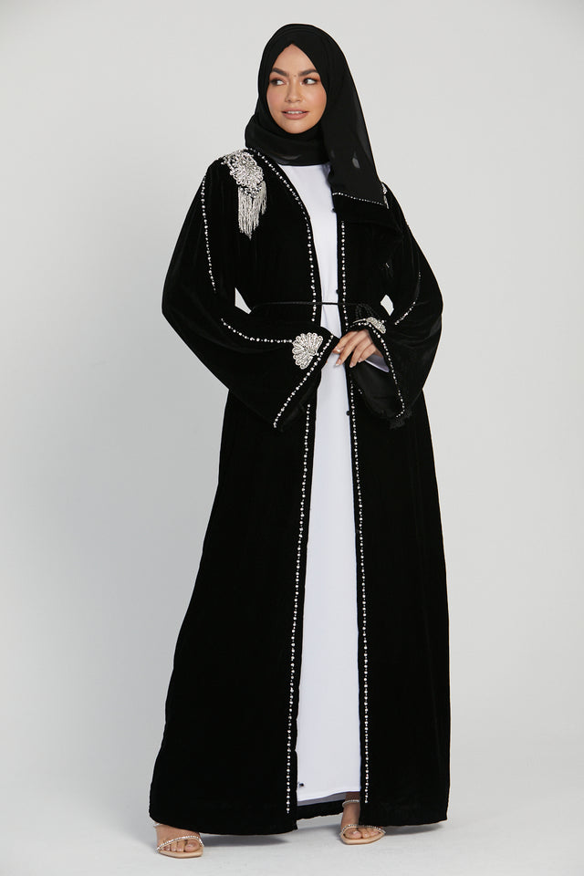 Luxury Velvet Open Abaya with Embellished Tassel Shoulder