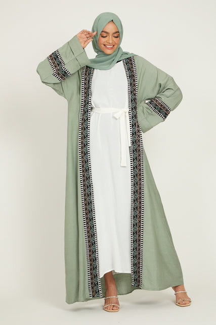 Four Piece Aztec Embroidered Open Abaya - Sage