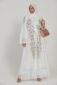 Luxury Bridal White Rose Gold Embellished Layered Open Abaya
