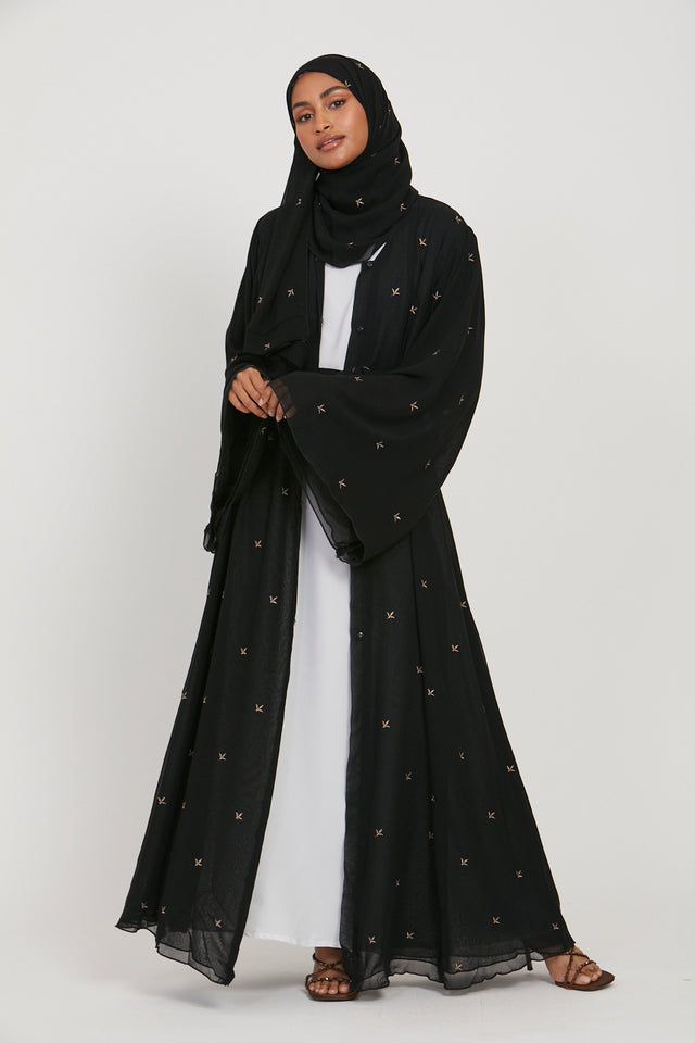 Chiffon Open Abaya with Dainty Motif Embroidery - Black