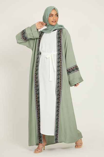 Four Piece Aztec Embroidered Open Abaya - Sage