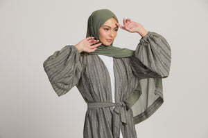 Olive Grey Textured Frayed Open Abaya