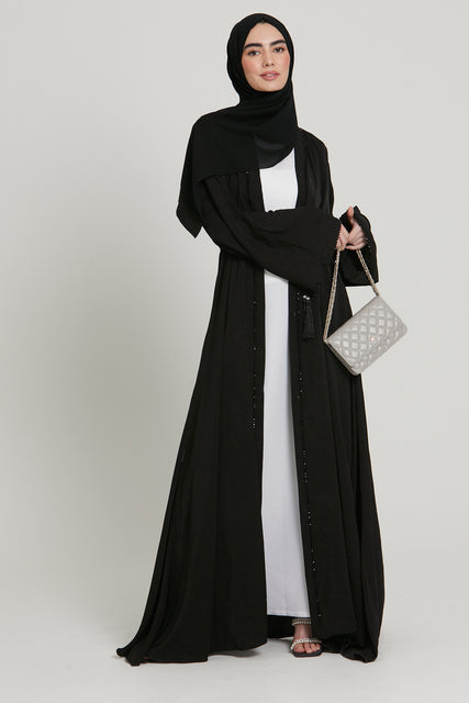 Soft Crush Embellished Black Open Abaya