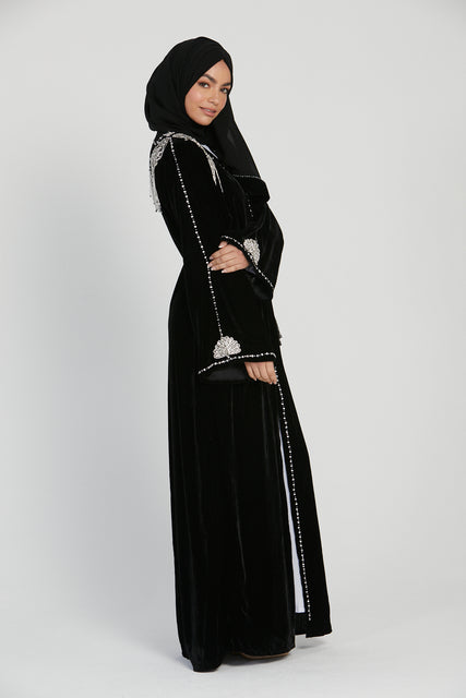 Luxury Velvet Open Abaya with Embellished Tassel Shoulder
