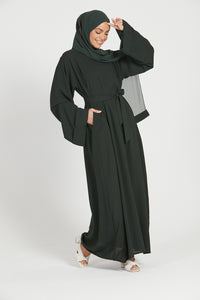 Linen Closed Abaya with Pockets - Forest Green