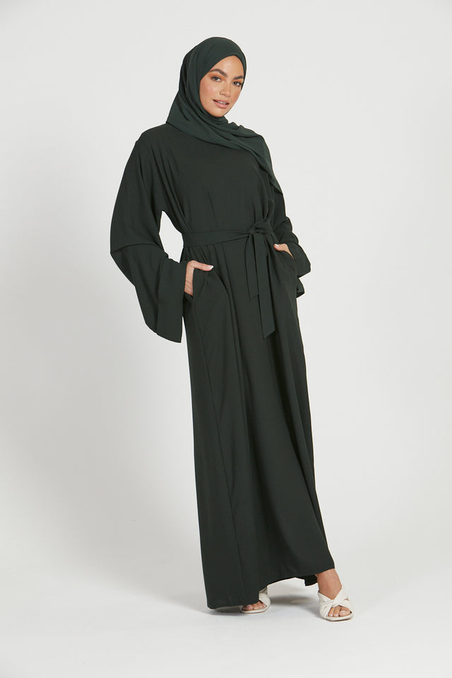 Linen Closed Abaya with Pockets - Forest Green