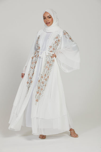 Luxury Bridal White Rose Gold Embellished Layered Open Abaya