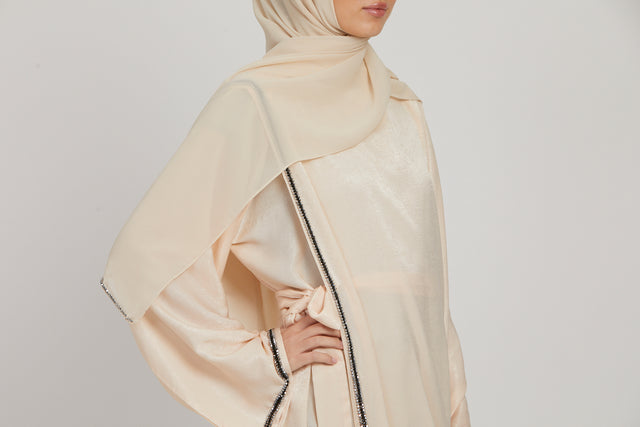 Premium Draped Embellished Closed Abaya - Natural