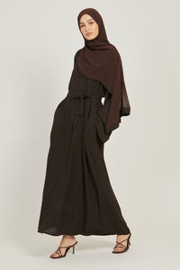 Linen Closed Abaya with Pockets - Dark Brown