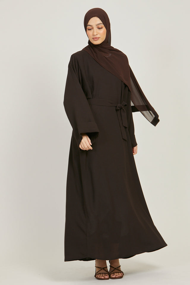 Linen Closed Abaya with Pockets - Dark Brown