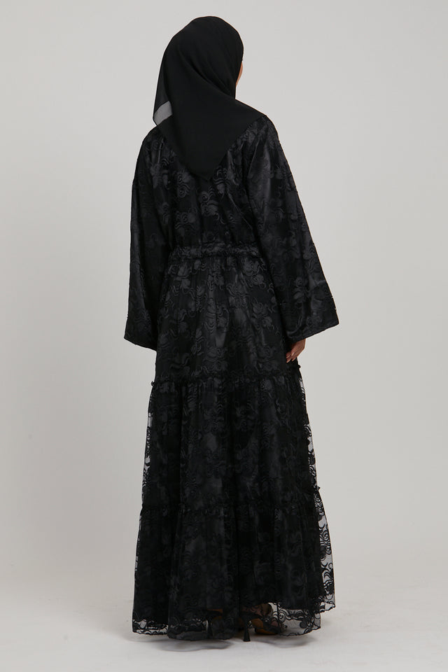 Luxury Floral Lace Umbrella Cut Open Abaya with Inner Belt